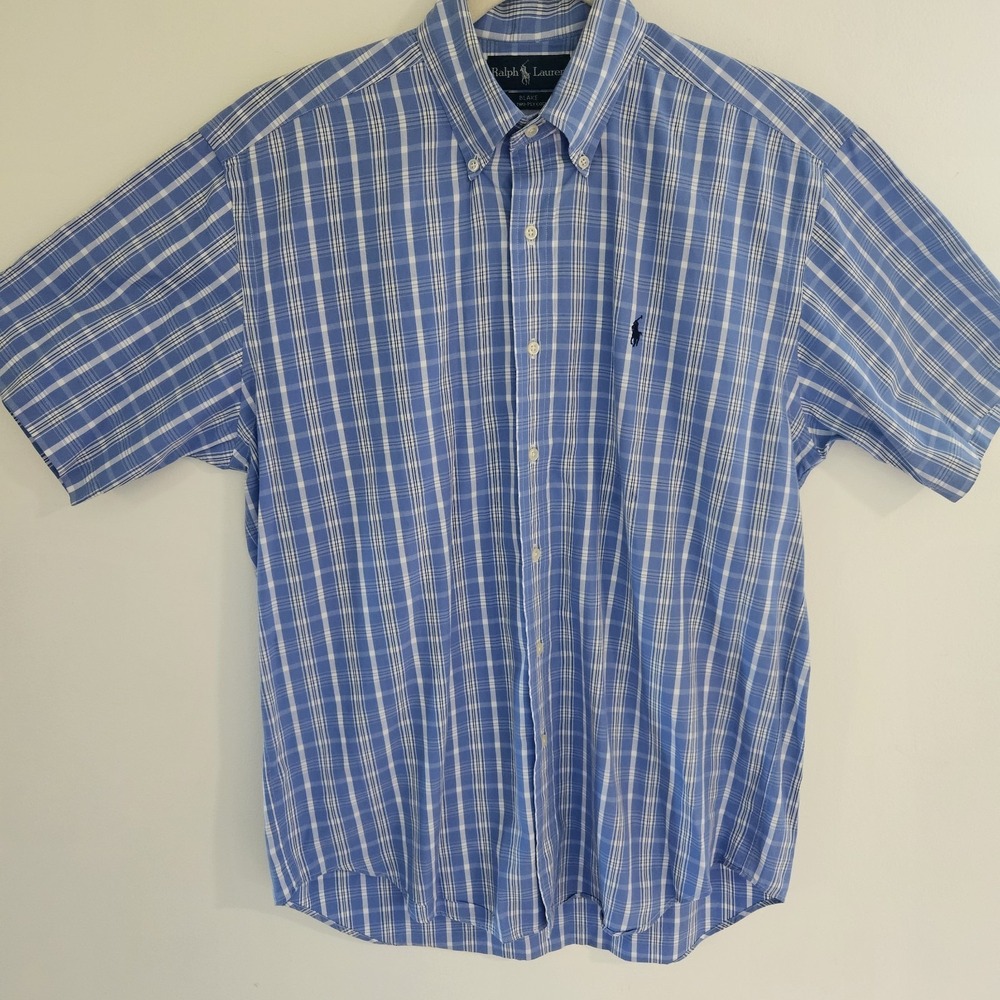 Polo Ralph Lauren M Blue Check Short Sleeve Blake White Button Down Shirt Plaid